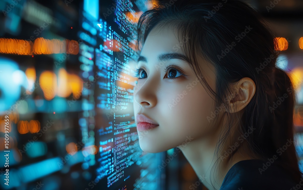 Poster Portrait of Asian Female Digital Innovator Working on Computer, Code Lines Reflected on Face, Creating AIDriven eCommerce App with Big Data