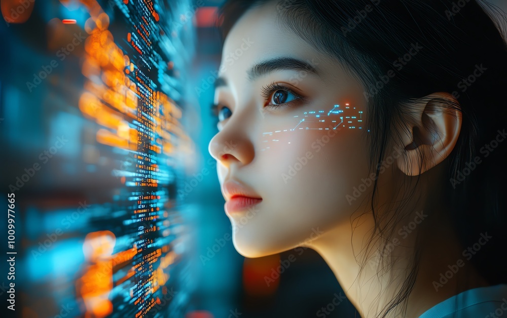Poster Portrait of Asian Female Digital Innovator Working on Computer, Code Lines Reflected on Face, Creating AIDriven eCommerce App with Big Data