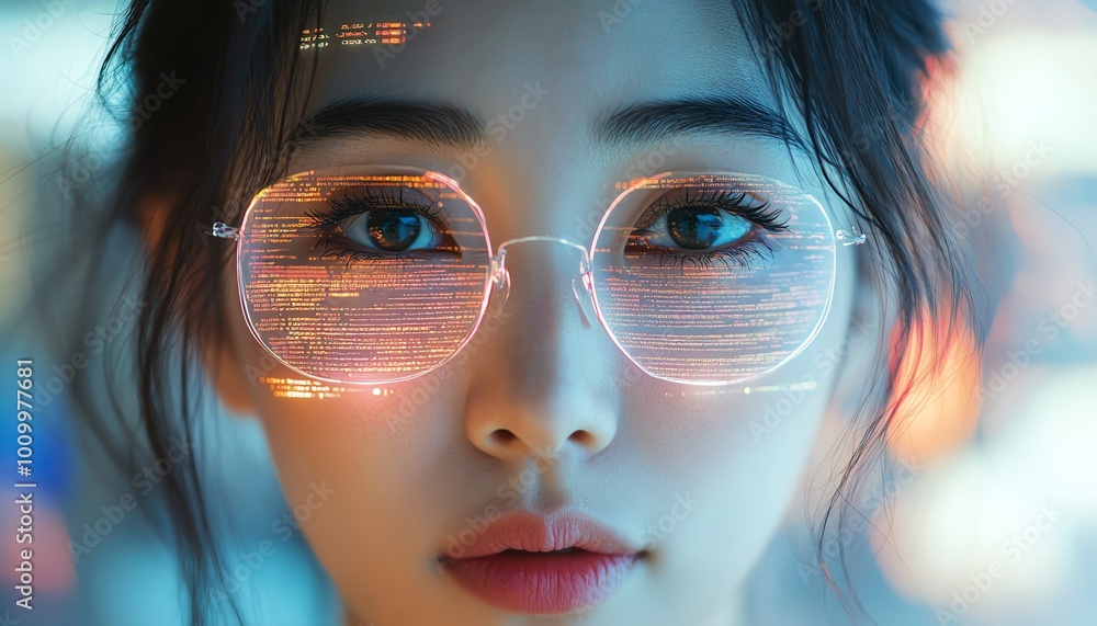 Poster Portrait of Asian Female Software Developer Digital Entrepreneur with Lines of Code Reflected on Face, Innovating AI and Big Data eCommerce App