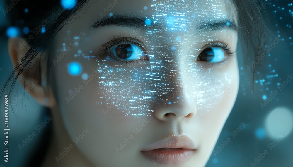 Aufkleber Portrait of Asian Female Software Developer Digital Entrepreneur with Lines of Code Reflected on Face, Innovating AI and Big Data eCommerce App