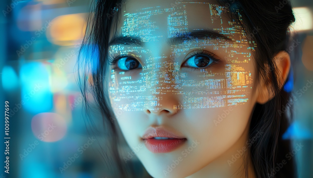 Poster Portrait of Asian Female Software Developer Digital Entrepreneur with Lines of Code Reflected on Face, Innovating AI and Big Data eCommerce App