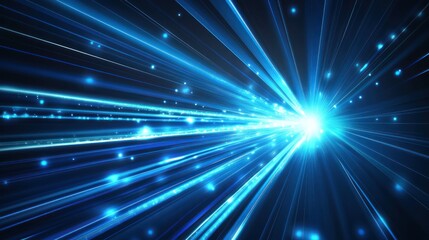 Digital image of light rays, lines with blue light, speed and motion blur on dark blue background