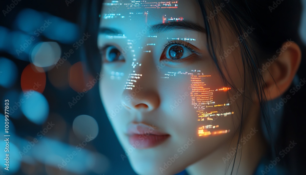 Poster portrait of asian female startup digital entrepreneur working on computer line of code projected on 