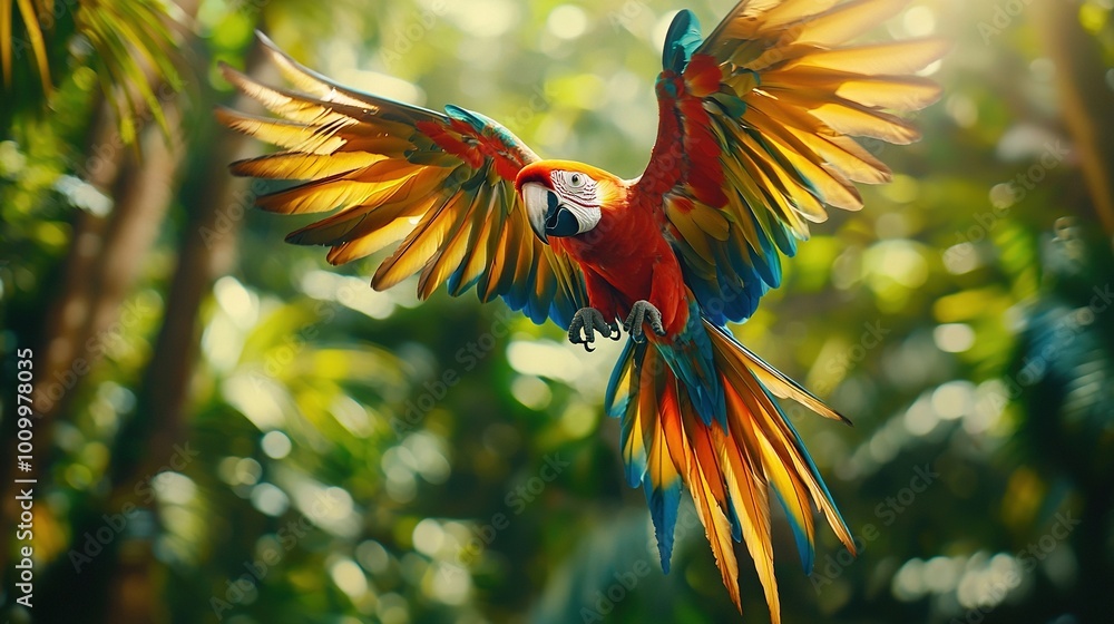 Poster   A vibrant parrot soaring through the sky, spreading its wings wide as it passes over tree-lined landscapes