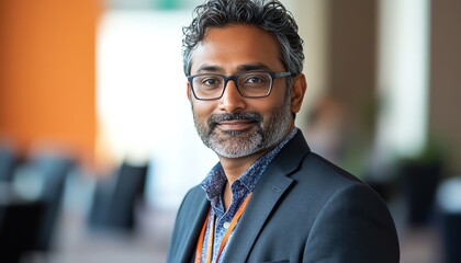 Obraz premium Portrait of Indian Speaker at Conference Coaching Specialists and Presenting Advanced AI and LLM Systems Tech Presentation