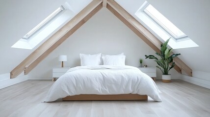 Serene Attic Bedroom with Large Windows and Soft Natural Lighting, Cozy Space for Relaxation | Copy Space
