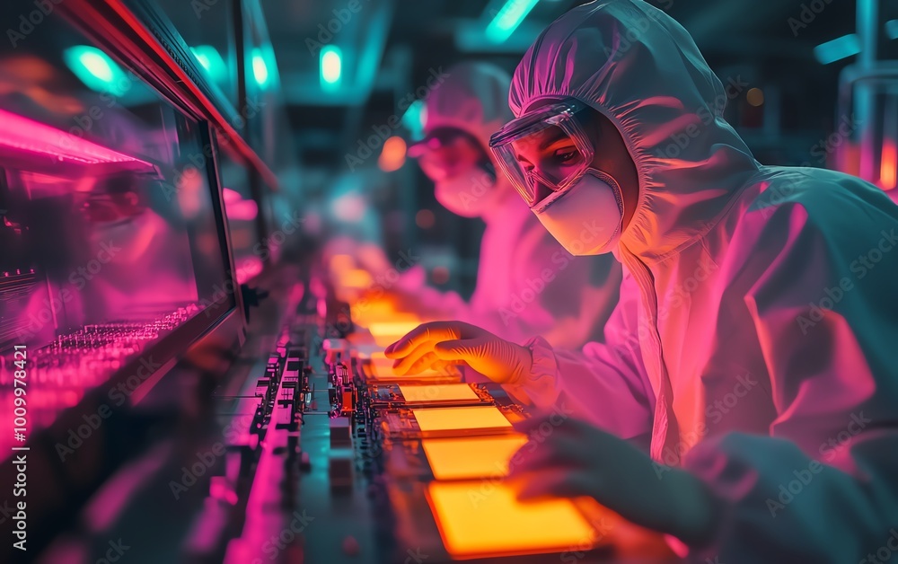 Aufkleber Semiconductor Production Process at Electronics Factory Two Technicians in Sterile Suits Removing Silicon Wafer, HighTech Environment