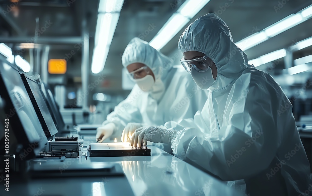 Poster Silicon Wafer Handling at Electronics Factory Two Technicians in Sterile Suits, Semiconductor Production Process