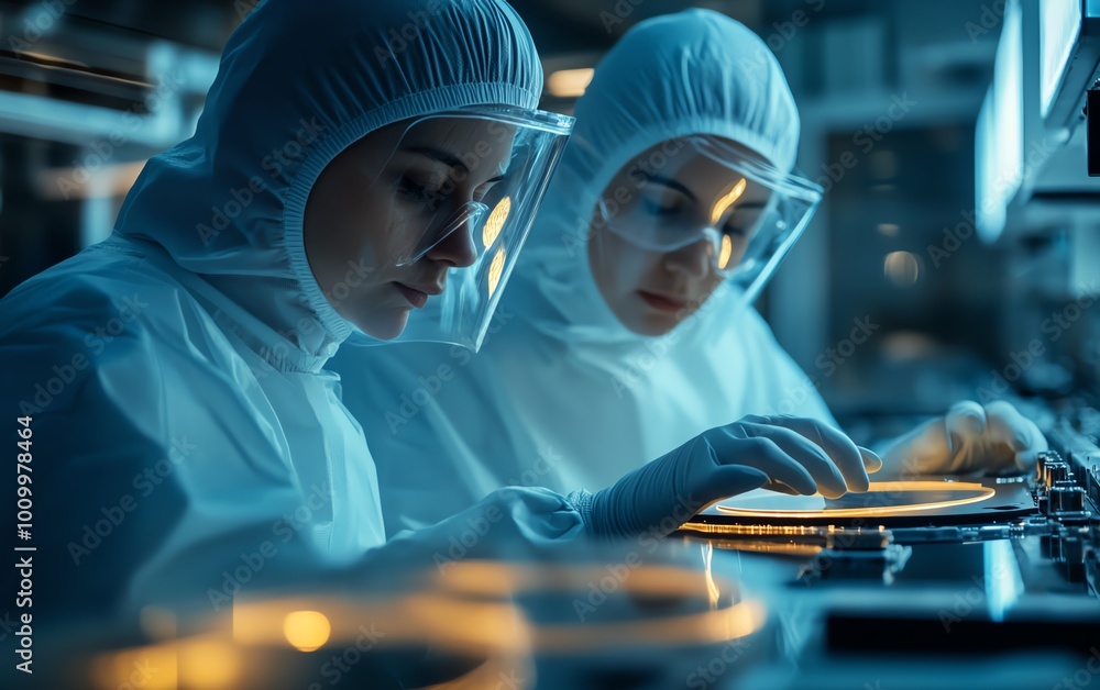 Aufkleber silicon wafer handling at electronics factory two technicians in sterile suits, semiconductor produc
