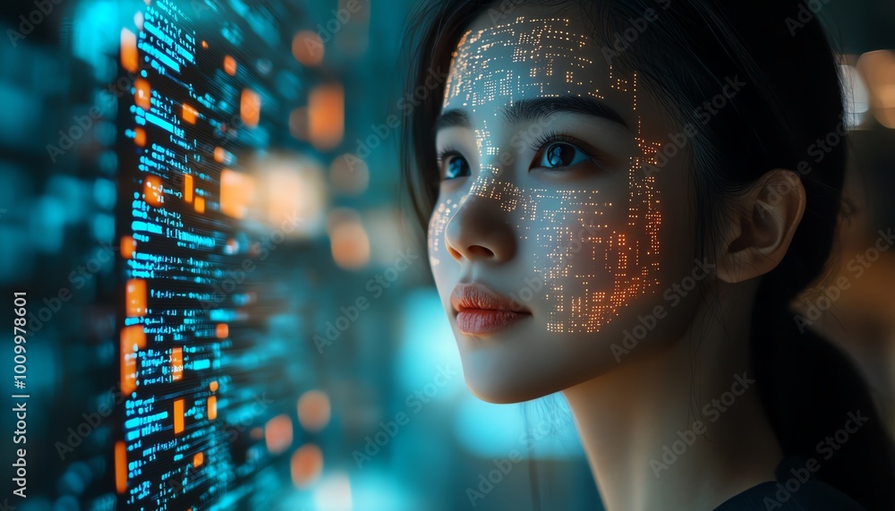 Poster software developer portrait asian female startup entrepreneur with code projected on face, innovatin