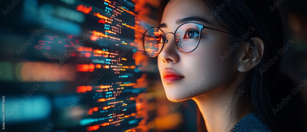 Poster Software Developer Portrait Asian Female Entrepreneur with Code Reflected on Face, Working on Innovative eCommerce App Using AI and Big Data