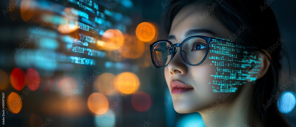 Poster Software Developer Portrait Asian Female Entrepreneur with Code Reflected on Face, Working on Innovative eCommerce App Using AI and Big Data