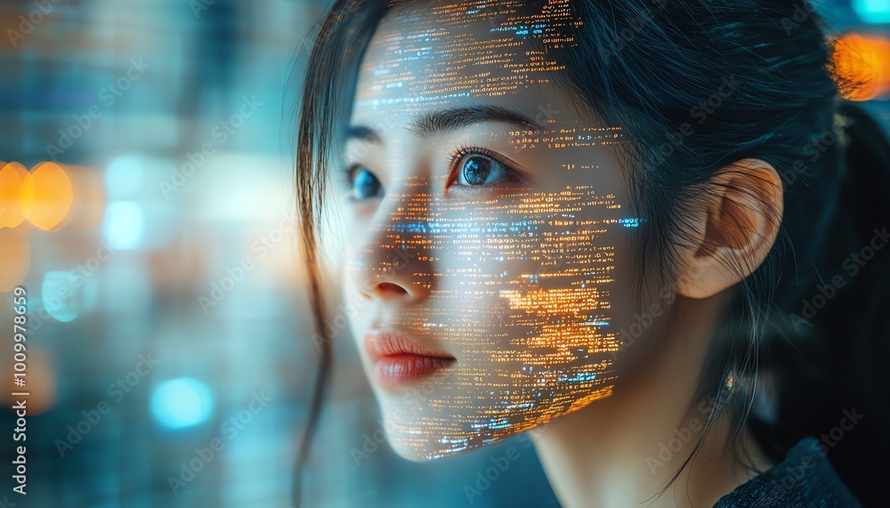 Poster software developer portrait asian female startup entrepreneur with code projected on face, innovatin