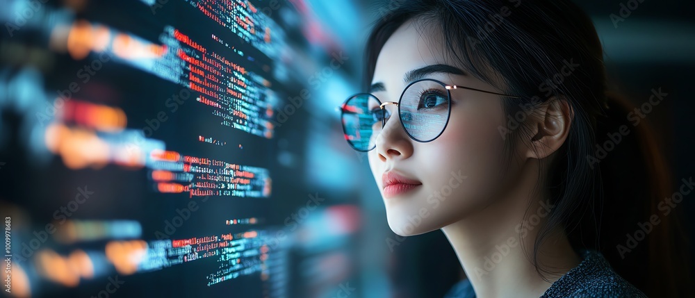 Poster Software Developer Portrait Asian Female Entrepreneur with Code Reflected on Face, Working on Innovative eCommerce App Using AI and Big Data