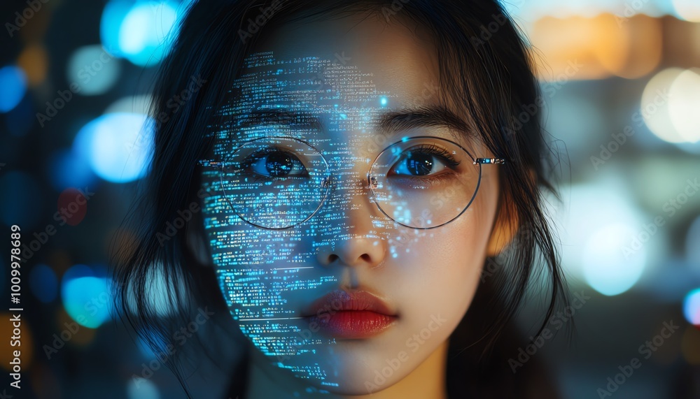 Poster software developer portrait asian female startup entrepreneur with code projected on face, innovatin