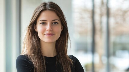 Fototapeta premium Smiling woman looking at camera. Perfect for websites, presentations, and social media.