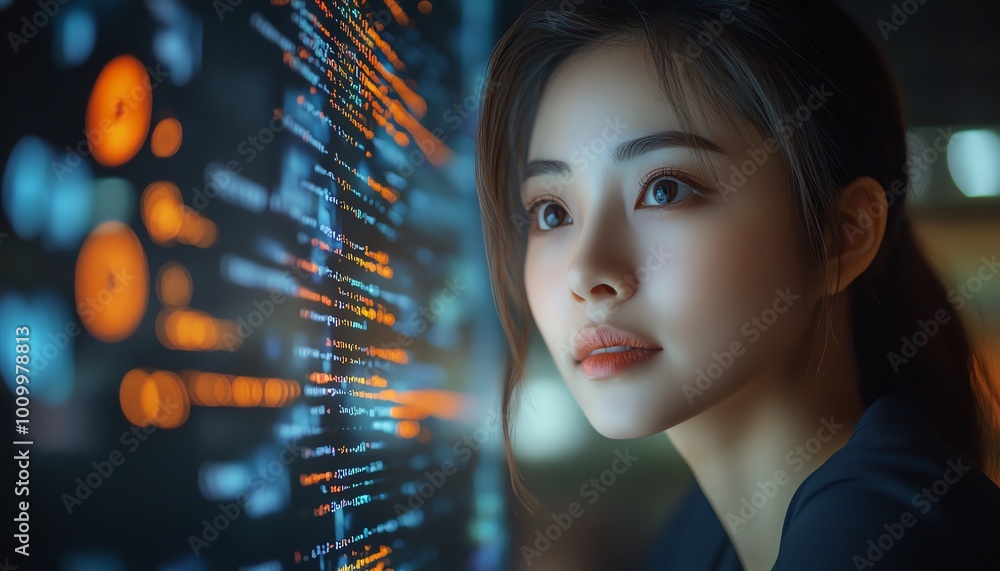 Poster startup digital entrepreneur asian female working on computer, code reflected on face, developing ai