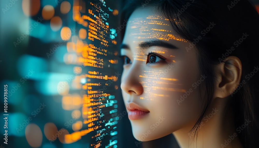 Poster startup digital entrepreneur asian female working on computer, code reflected on face, developing ai