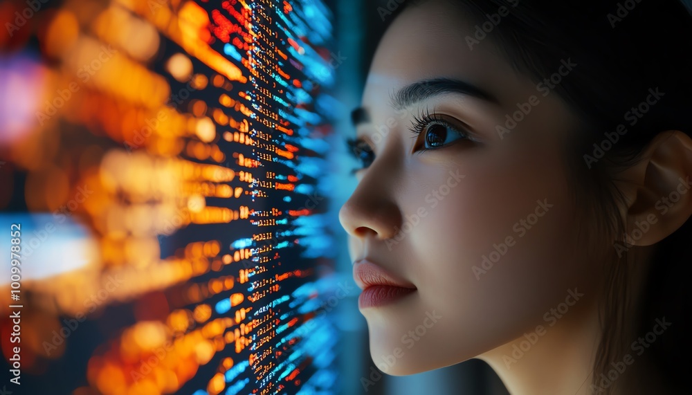 Poster startup digital entrepreneur asian female working on computer, code reflected on face, developing ai