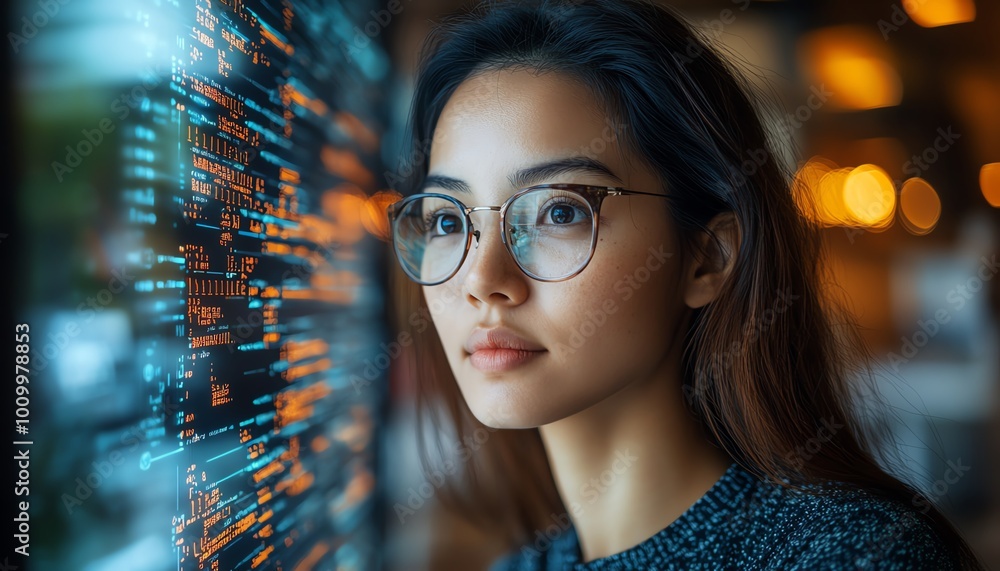 Aufkleber startup digital entrepreneur asian female working on computer, code reflected on face, developing ai