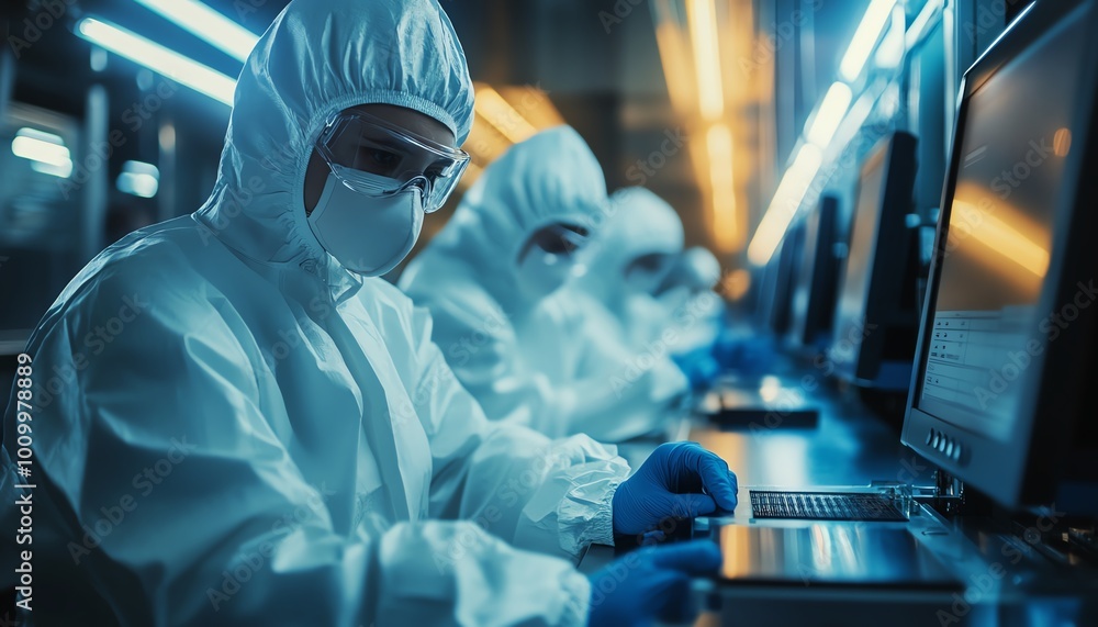 Poster sterilesuited technicians in electronics factory semiconductor production process, handling silicon 