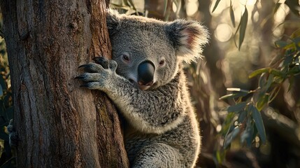 Obraz premium A close-up image of a koala on a tree, with its head positioned on a branch and its hands resting against the trunk