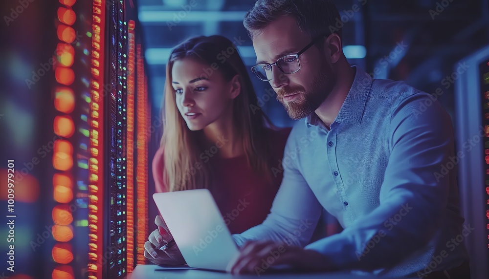 Poster System Administrator and IT Engineer in Data Center Multiethnic Female and Caucasian Male Discussing and Brainstorming with Laptop