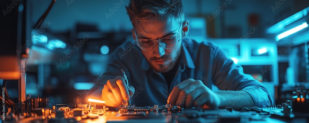 Poster Tech Engineers Soldering and Checking Jet Printer Creating Computer Hardware in Advanced Workshop Environment