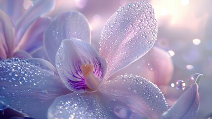 Fototapeta premium A zoomed-in picture of a lilac bloom with raindrops on it, accompanied by a pink and white blossom in the foreground