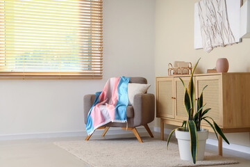 Interior of living room with transgender flag on armchair and drawers