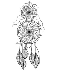 Double Dreamcatcher Outline, Meditative Coloring Page With Magical Amulet With Weave And Feathers