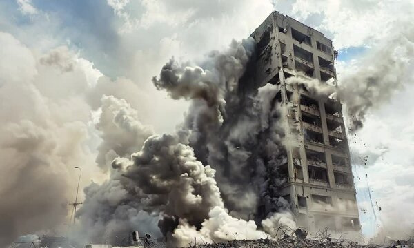 Building Demolition with Dust Cloud