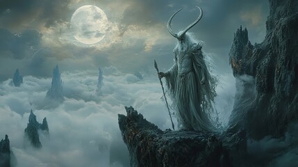Fototapeta premium A druid or demon with horns on his head in grey robes stands on a mountain with a staff. Mystical character. Illustration for banner, poster, cover, brochure or presentation.