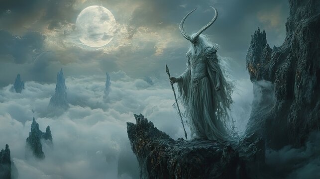 A druid or demon with horns on his head in grey robes stands on a mountain with a staff. Mystical character. Illustration for banner, poster, cover, brochure or presentation.