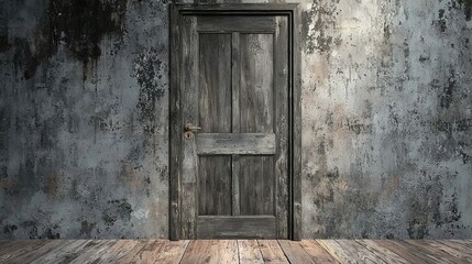   A room with a centered door and wooden flooring in front of it