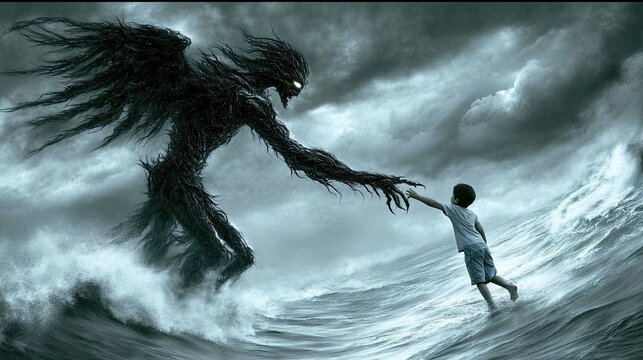 A demon with wings and a tail has emerged from the sea water and kidnaps a little boy. The concept of children's fears and horrors. Evil. Illustration for cover, card, interior design, etc.