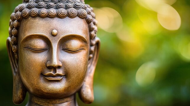 Close-up of the face of a Buddha figure with closed eyes and a third eye. The statue is serene and peaceful. Enlightened. Illustration for cover, card, postcard, interior design, brochure, etc.