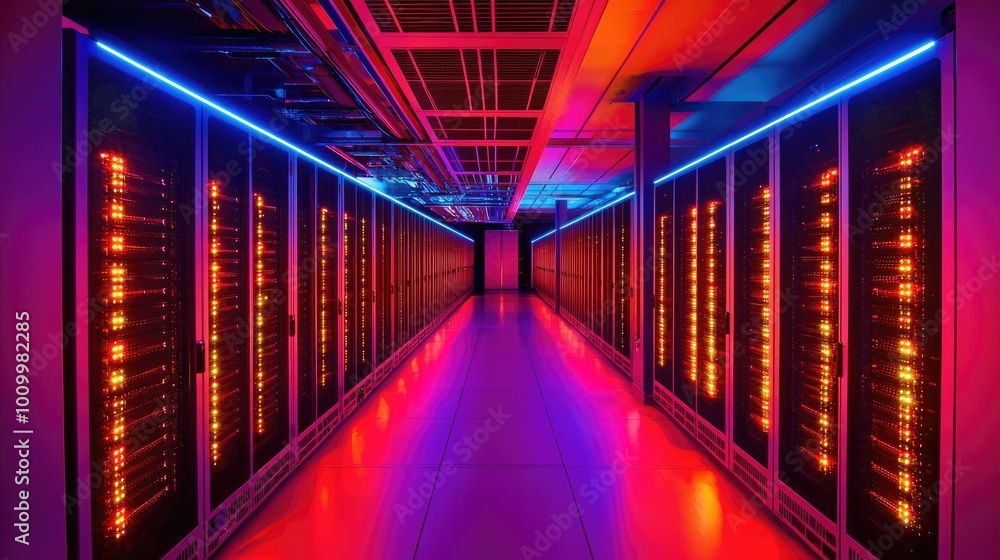 Poster rows of lit server racks in a data center