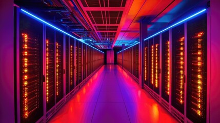 Fototapeta premium Rows of lit server racks in a data center