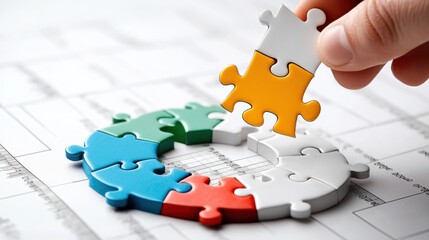 Fototapeta premium Financial Puzzle Solutions - Hand Placing Pieces for Strategic Planning with Charts and Graphs