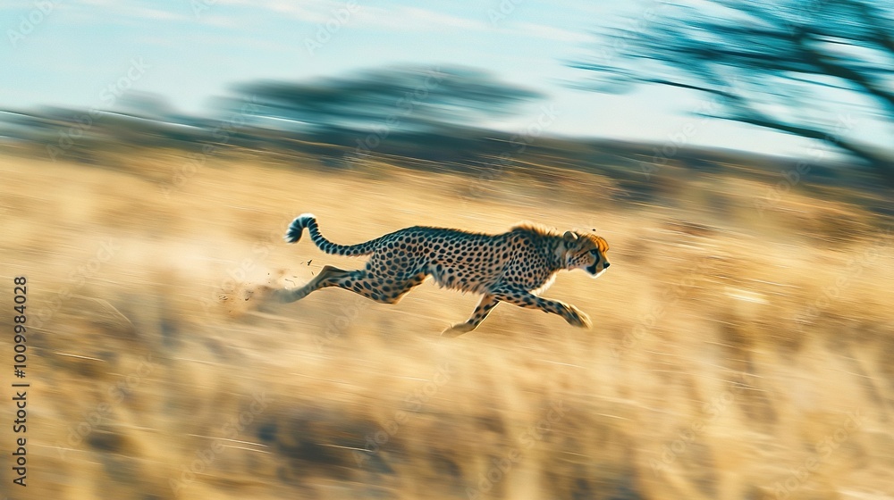 Wall mural    a cheetah running in a field of dry grass with a tree in the background and a sharp focus on the cheetah in the foreground