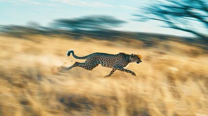    a cheetah running in a field of dry grass with a tree in the background and a sharp focus on the cheetah in the foreground