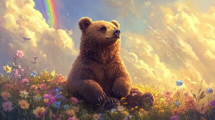 Majestic Nature: A Bear's Tranquil Moment Amidst the Blooming Splendor