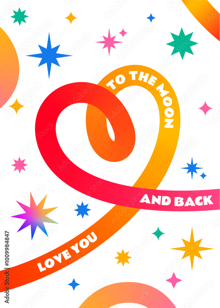 Poster valentine's day card with gradient line heart, love quote and stars. vector abstract color backgroun
