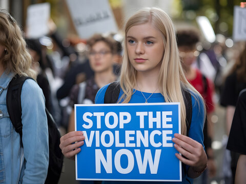 Hermosa rubia estudiante en una protesta con un cartel que dice detener la violencia
