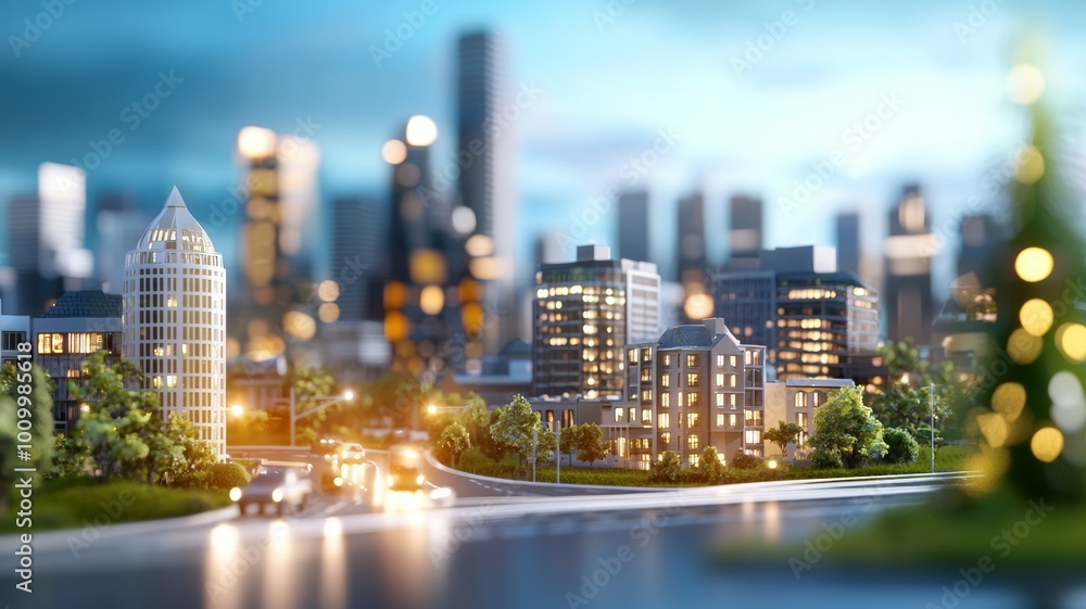 Poster a cityscape with a tall building in the background and a tree in the foreground