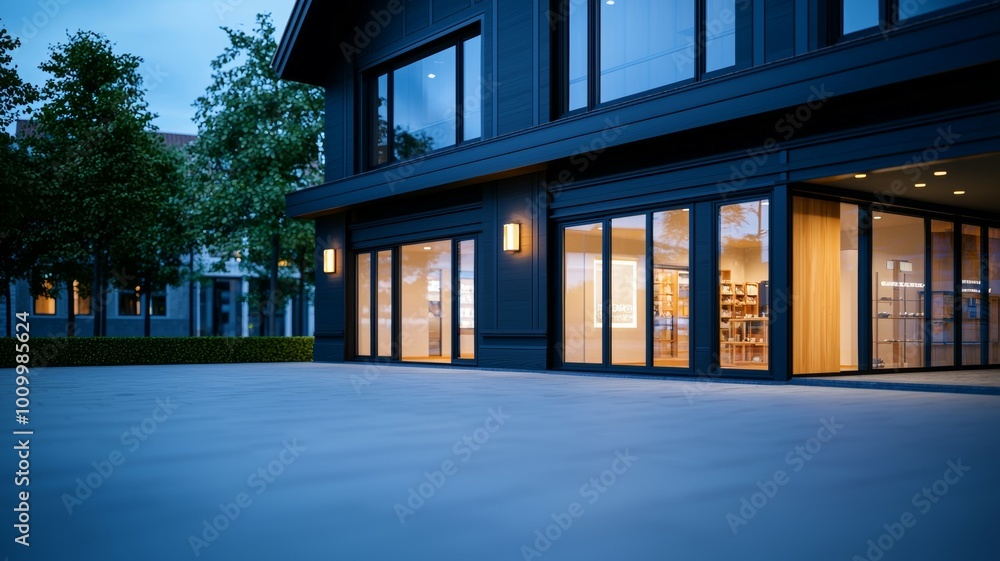Poster a large black building with a lot of windows and a large open courtyard