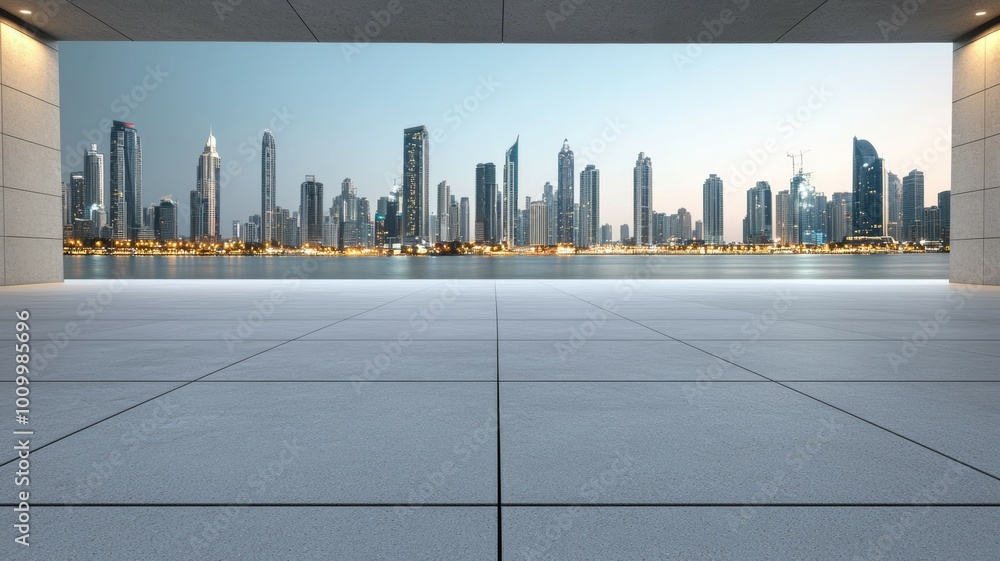 Poster a city skyline is visible from a large open space