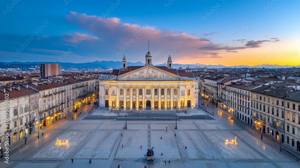 Poster a large building with a clock tower and a large courtyard