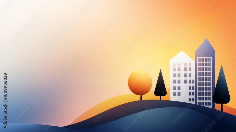 Aufkleber a cityscape with a tree in the foreground and two buildings in the background